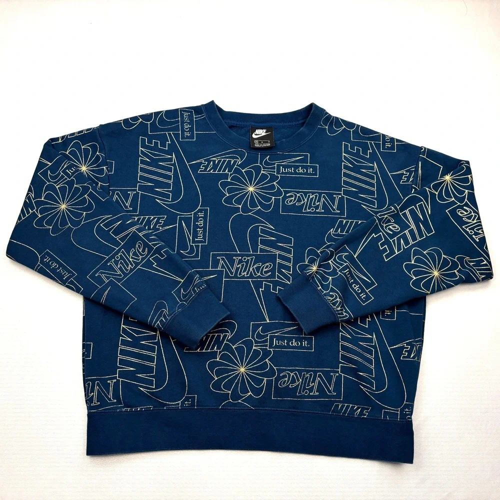 Nike Icon Clash Sweatshirt Womens Medium Blue Gold Allover Print Fleece Size M